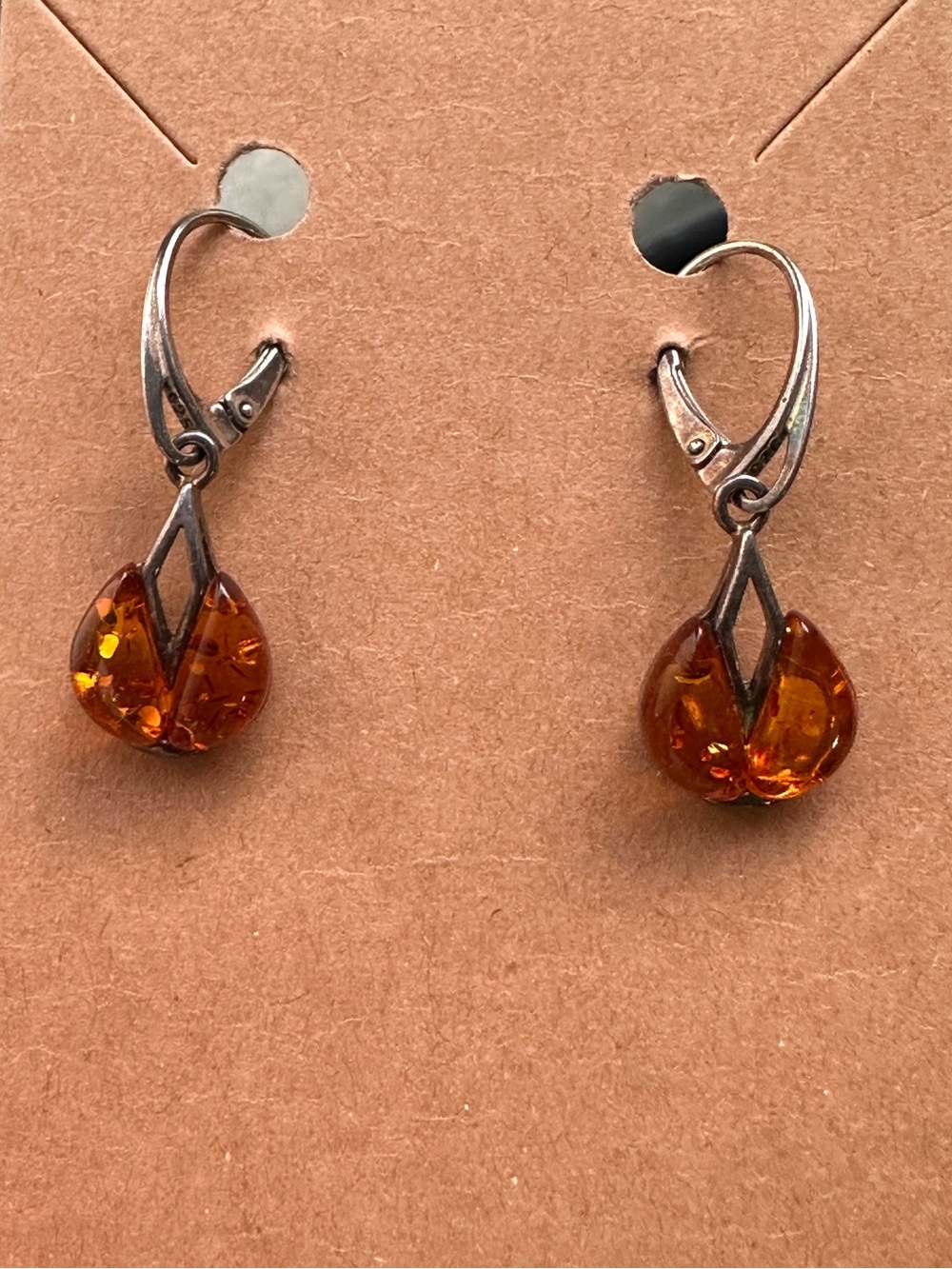 Amber Tone Drop Earrings - Brown Amber Cored Stone